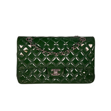 Chanel Quilted Patent Classic Double Flap Medium Green