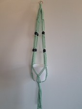 Macrame Plant Hanger, Mint Green, 26", Metal, Cotton, Black Beads, Handmade