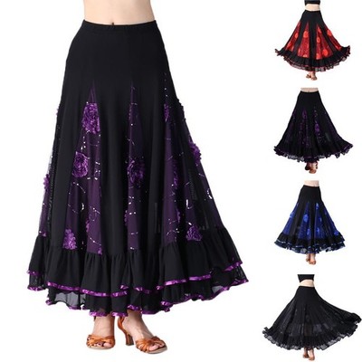Blumen Pailletten Latein Flamenco Ballsaal Tanz Kleid Tango Walzer Rock Bühne