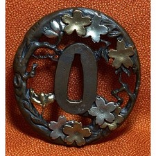 Tsuba Japanese Sword Guard Flower Engraved Design Antique Collectible