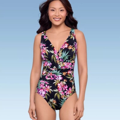 Aqua Green Shape + Style Size 12 V-Neck Ruched Black Floral Print 1 Pc Swimsuit
