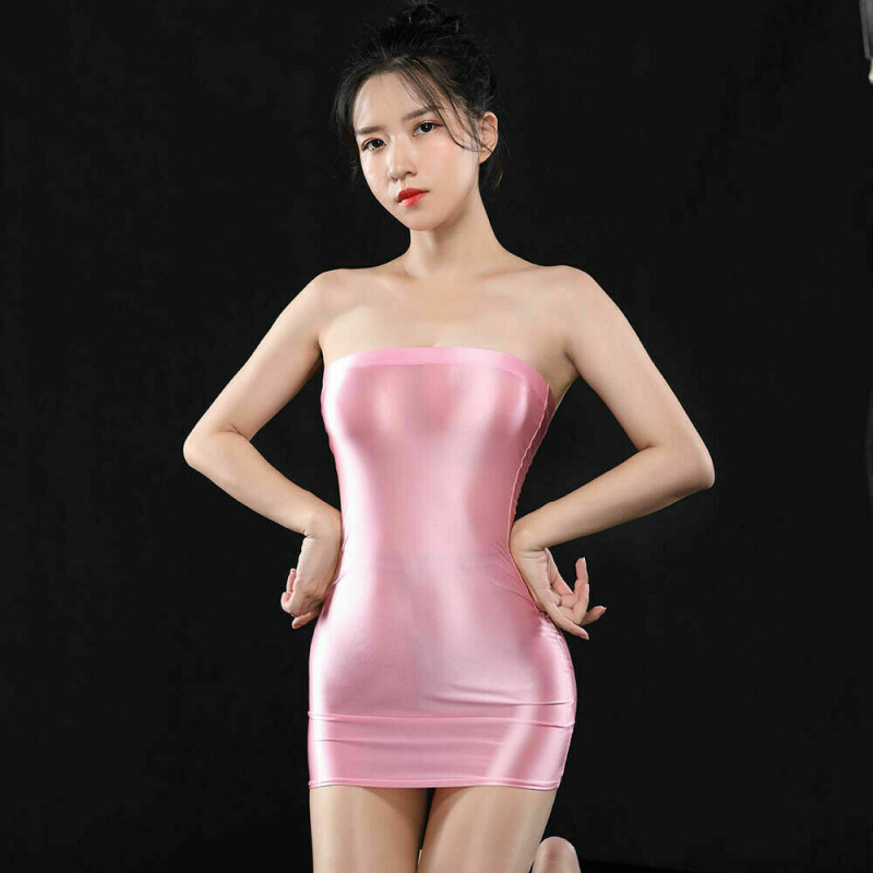 Women's  Mini Strapless Bodycon Sexy Wet Look Glossy Tube DressClubwear Cosplay image 4
