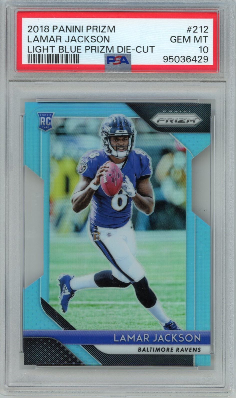2018 Panini Prizm Lamar Jackson Light Blue Die-Cut PSA 10 #212 Rookie RC /199
