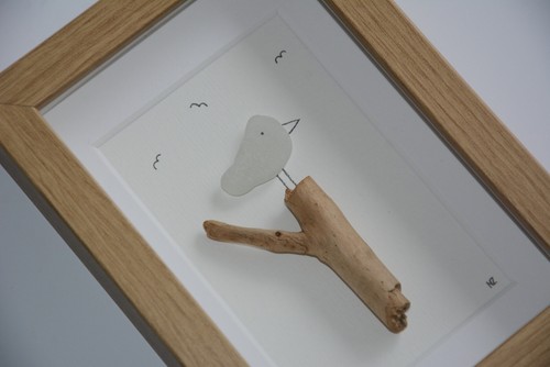 Seeglas-Bild "Vogel auf Baumstamm" 17 x 12 Strandglas Strandgut Meerglas Rügen - Bild 4 von 20