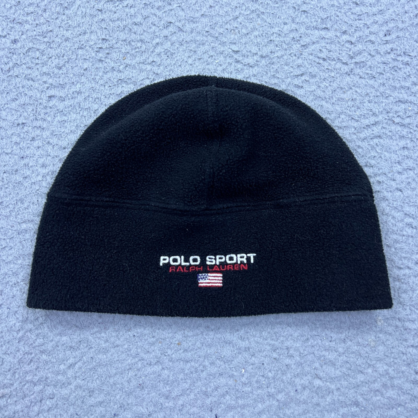 VTG Polo Sport Ralph Lauren Spell Out Flag Fleece Beanie Winter Hat Black USA