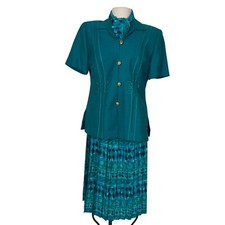 Vintage Leslie Fay Green Womens Suit Blazer Pleated Skirt 10 Petite Career