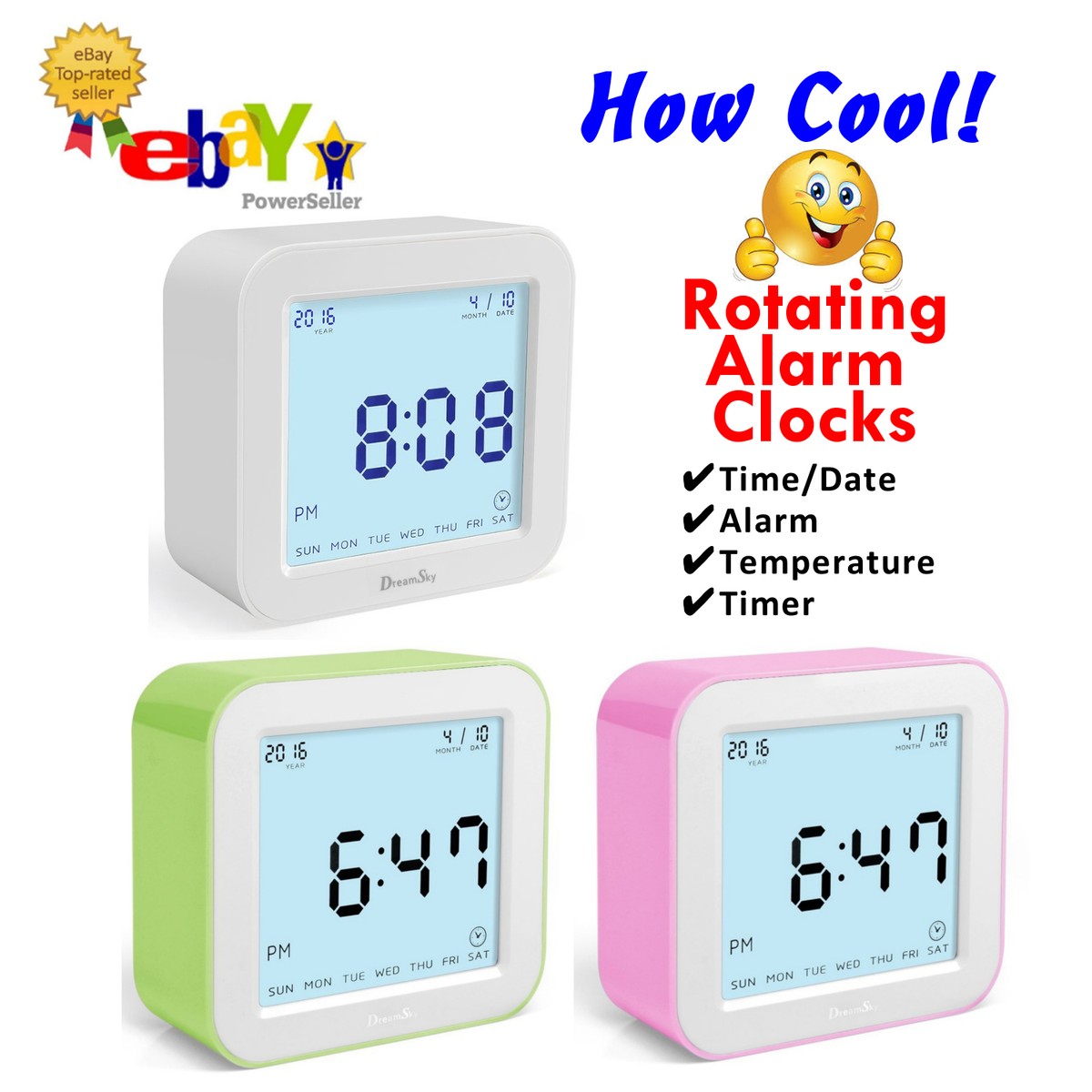 COOL! Rotating Digital Alarm Clock by DreamSky - 4 Different Displays - 3 Colors