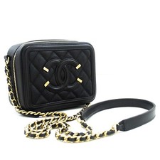 L82 CHANEL Authentic Micro Grained Calfskin Chain Shoulder Bag Black Zip