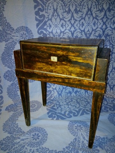 Antique Lund of London Coromandel Wood Sewing Box with Stand