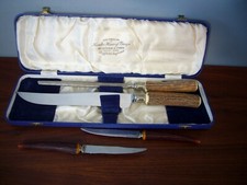 2 Carving Set Latham & Owen W Stag Antler Handles Sheffield England w 2 Knives