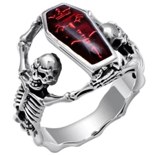 Red Coffin Ring Size 9 10 Silver Skeleton Men Women Gothic Biker Halloween