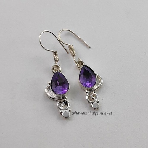 Boucles D'oreilles Argent Sterling 925 Avec Améthyste Véritable – Forme Poire – Fermoir Papillon