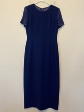Donna Morgan Size 6 BLUE DRESS, BEADED Sheer Sleeves/Back Covered Button Zipper