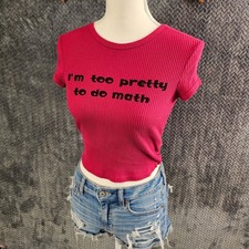Hot Pink Ribbed Crop Top Im Too Pretty To Do Math Graphic Tee Y2K Style Small