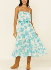Teal Floral Ruffle Sundress Womens Tropical Beach Vacation Layered Strap Dress