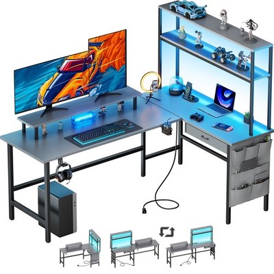 59 inch L Shaped Gaming Desk with LED light & Power Outlets, PC Desk with Drawer