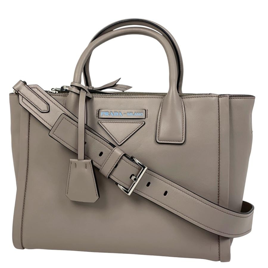 PRADA 2-Way Shoulder Handbag 1BA175 Leather Greige with Shoulder Strap #BS1379