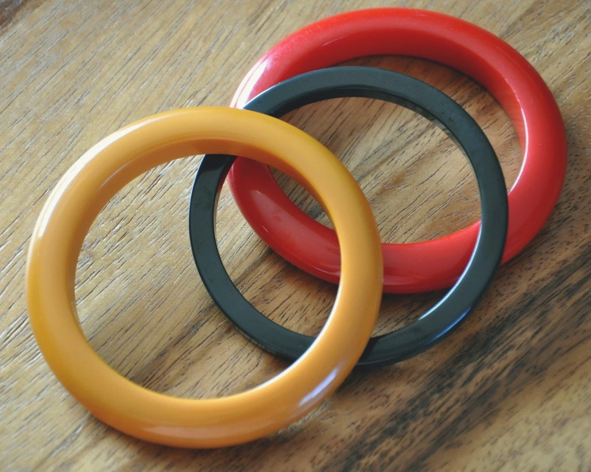 3 Bakelite Bangle Bracelet Stack Butterscotch Yel… - image 1