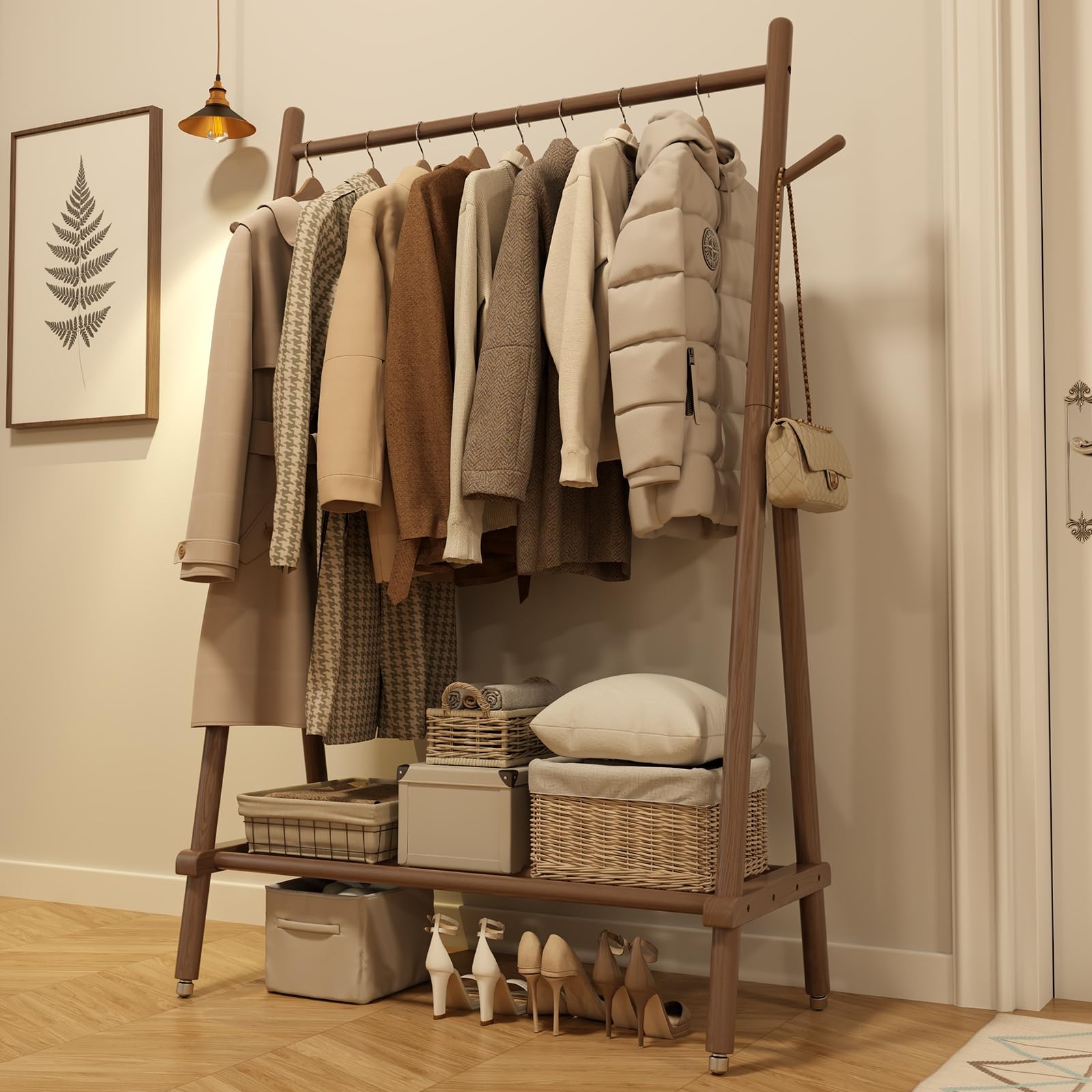 Space-Saving Rolling Wood Garment Rack with Hanging Rod for Clothes Storage