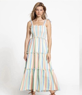 Aaron & Amber Multicolor Striped Maxi Dress Ruffle Tiered Bow Sleeveless M
