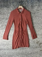 Free People Dress Womens Large Red White Button Front Ruched Long Sleeve Mini