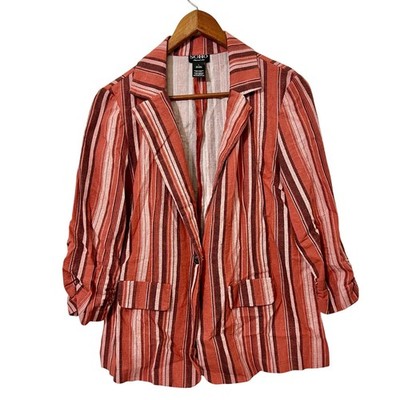 SOHO Apparel Womens Striped Linen Blend Blazer Size L Red Casual Chic Boho