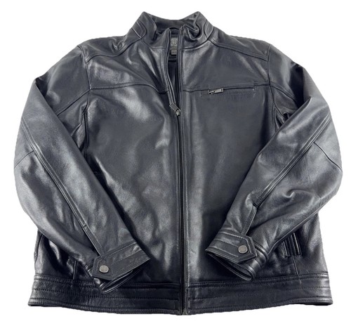 Boston Harbour Jacket Mens L Black Leather Motorcycle Biker - New Zealand Wool
