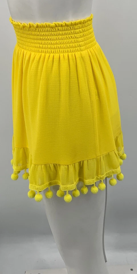 Mini-saia Ramy Brook feminina poliéster amarelo Stevie Pom-Pom cintura batida tamanho P - Imagem 3 de 4