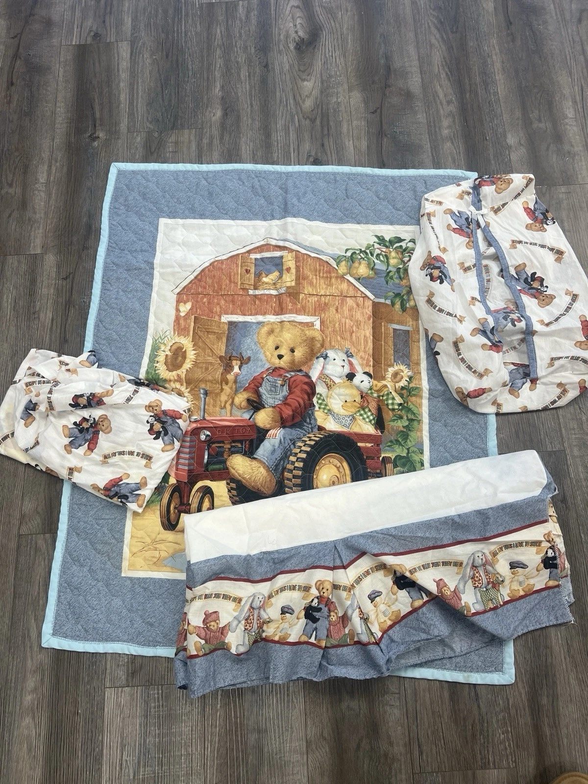 Vintage Blue Jean Teddy Nursery Crib Set Tractor Blanket Ruffle, Diaper Stacker
Opens in a new windo