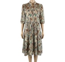 Vintage Dress 80s Floral Print Mandarin Collar Summer Retro Boho 10