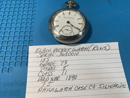 Vintage Elgin pocket watch, 18s, 7j, Grade; 73, Model 5, Series 5, 1890, runs