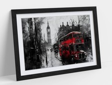 BLACK & WHITE LONDON STREET WITH RED BUS FRAMED WALL ART PICTURE POSTER PRINT