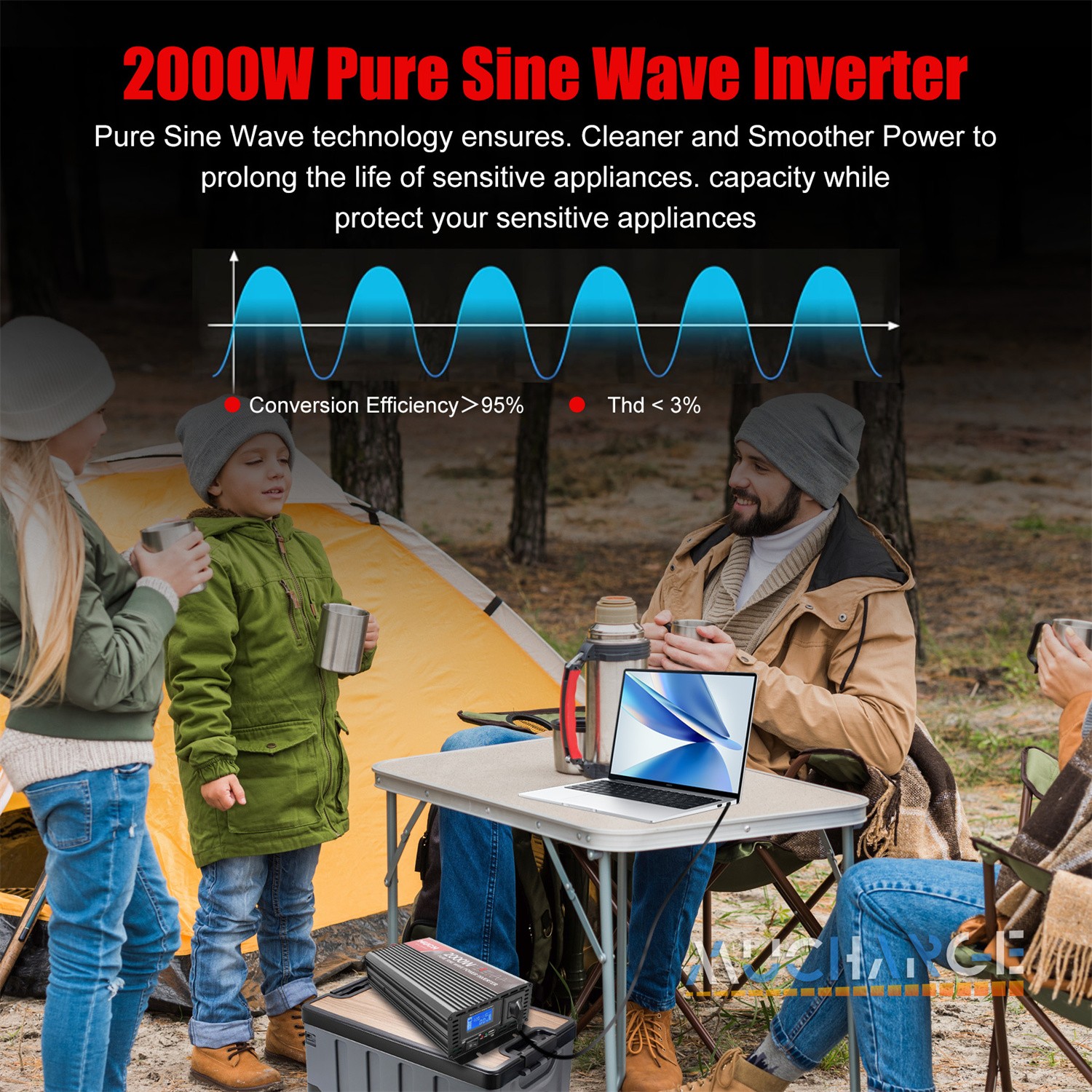 2000W Power Car Inverters DC 12V to AC 110V Pure Sine Wave LCD for Outdoor Camp