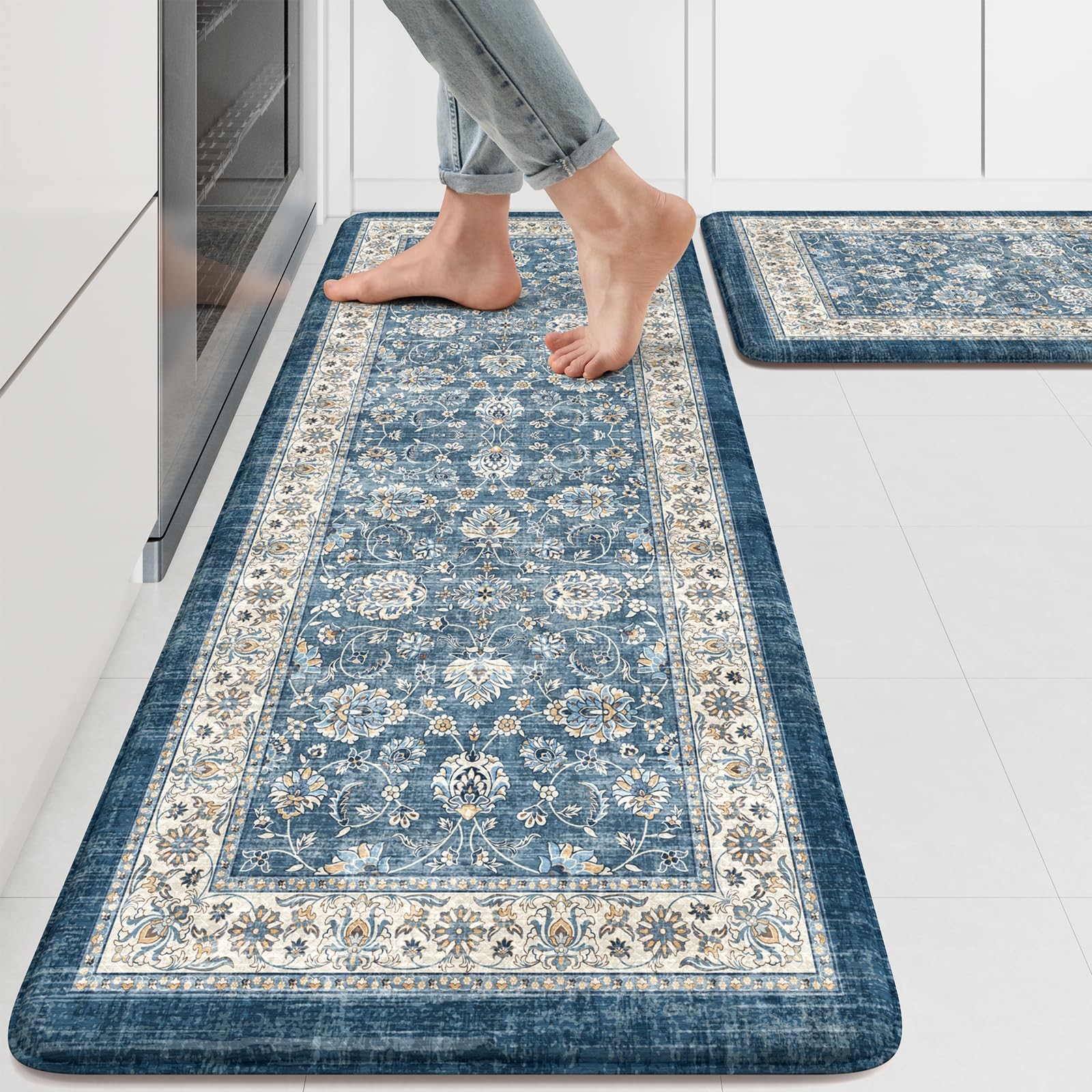 Anti Fatigue Kitchen Mats 17.3" x 47"+17.3" x 29", Boho Blue Kitchen Rugs Set...