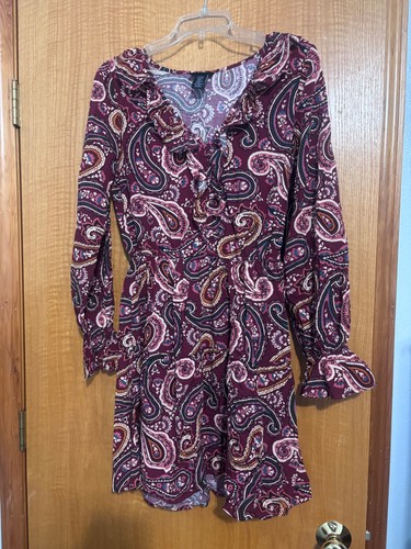 Wrangler Retro Dress L Maroon Paisley Rayon Long Sleeve Tiered Western Boho