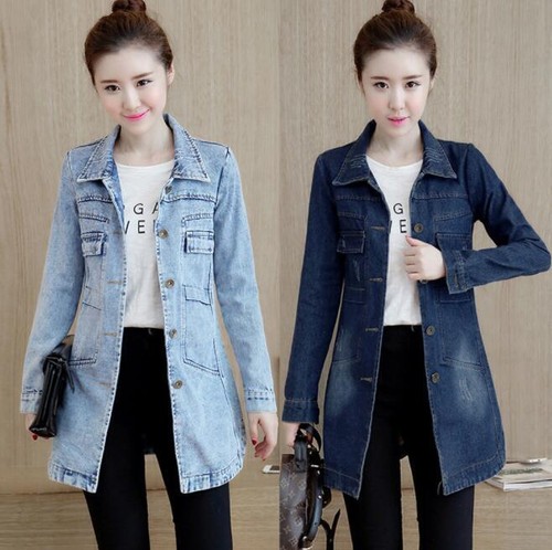 New Spring/ Fall Women's Denim Jacket Jean Trench Coat Button Outerwear Cowboy - Picture 4 of 19