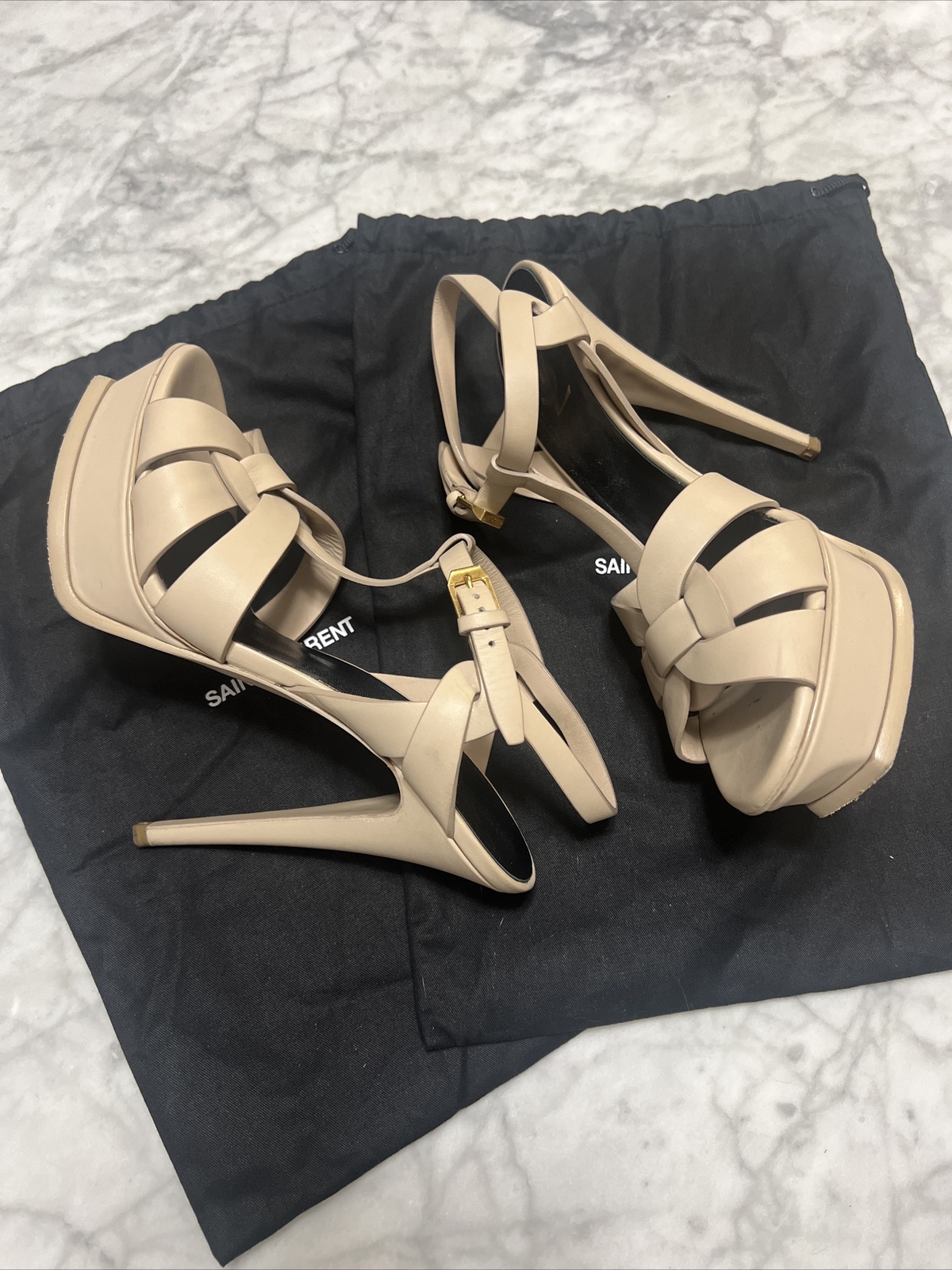 SANDALI SAINT LAURENT YSL Tribute cinturino a T taglia 39 1 2 US 9 5 NUOVI beige pelle