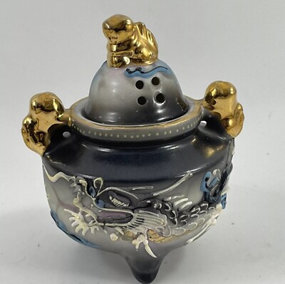 Vintage Dragonware Incense Burner 3-Legged with Foo Dog Gold Knobs Hand Painted
