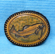 Trout Fishing Leather Belt Buckle Fisherman Sportsman Cowboy Vtg Artisan .CPA417