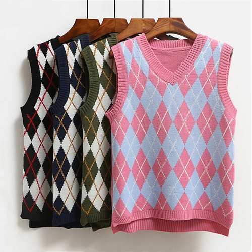 sweater Preppy Style V Neck Sweater Vest Knitwear top Sleeveless Plaid  Knitted | eBay