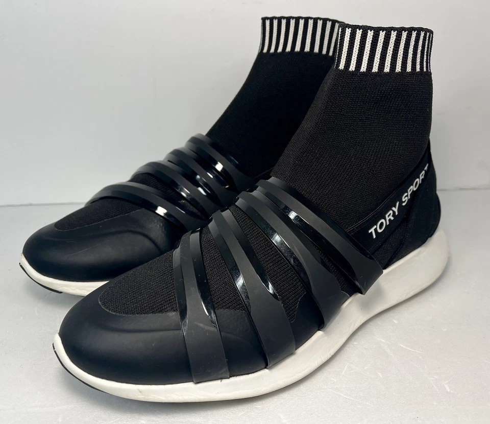 Tory Burch Sport Banner Performance Calcetín Zapatilla Corredor Negro Blanco Logo Talla 7M Foto 3 de 4