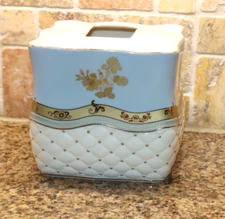 Croscill Napoleon Ceramic Bathroom Tissue Box Cover Blue & Cream w/ Gold Accents