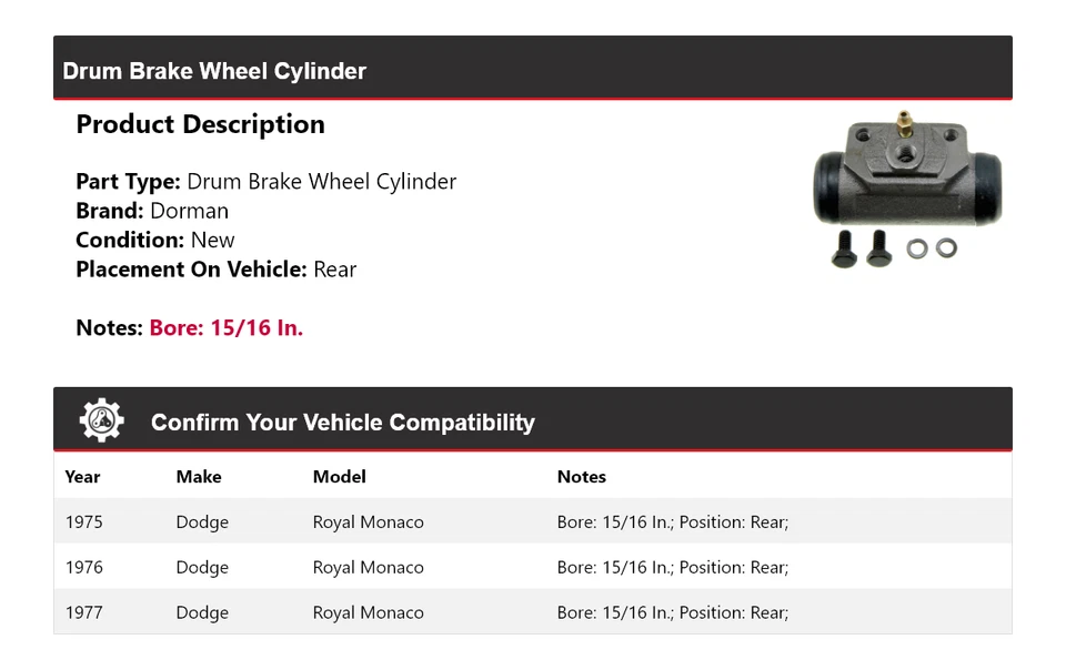 Задний цилиндр колеса барабанного тормоза для 1975-1977 Dodge Royal Monaco Dorman 1976 - Изображение 2 из 4