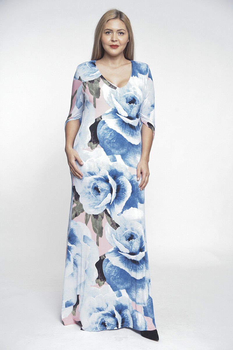 Blue Floral Rose Print Maxi Dress Gown Size Large Mermaid Cut | eBay