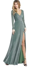 Mac Duggal Ieena Evening Gown Size 6 Long Sleeve Faux Wrap Jade Green Sparkly