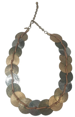 Chico's Women's Necklace Metal Disc & Leather Cord Brass Silver Copper Tone 18''