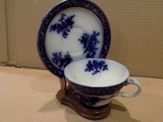 Henry Alcock Co. England Touraine Pattern Semi Porcelain Flow Blue Cup & Saucer