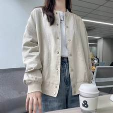 Beige Oversized Bomber Jacket Women Cotton Minimalist Casual L XL New