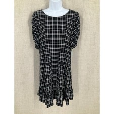 CeCe Dress Womens Size M Black White Plaid Puff Sleeve Ruffle Hem Modest NEW