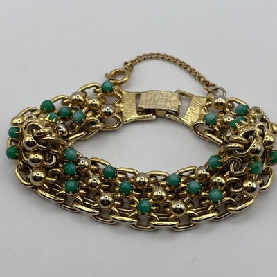Vintage Bracelet Green Bead & Gold Tone Mesh Links Safety Chain Attached